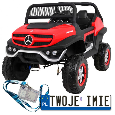 Mercedes Benz Unimog 4x4 terenowy Pojazd na akumulator pilot bagażnik wolny start MP3 LED