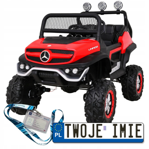Mercedes Benz Unimog 4x4 terenowy Pojazd na akumulator pilot bagażnik wolny start MP3 LED
