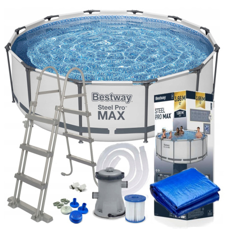 [56418+58037+58002] ZESTAW Basen stelażowy 366x100cm zestaw pompa drabinka pokrywa, mata - Bestway