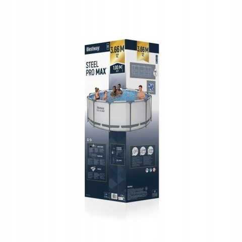 [56418+58037+58002] ZESTAW Basen stelażowy 366x100cm zestaw pompa drabinka pokrywa, mata - Bestway