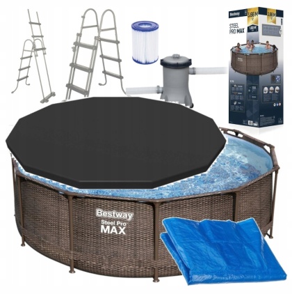 ZESTAW - Basen stelażowy rattan 366x100cm pokrywa, mata - Bestway [56709+58037+58002]