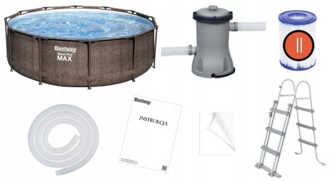 [56709+58037+58002] ZESTAW - Basen stelażowy rattan 366x100cm pokrywa, mata - Bestway