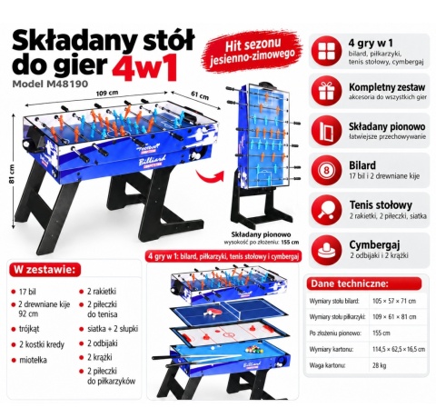 Składany stół do gier 4w1 - gry piłkarzyki, cymbergaj [M48190]